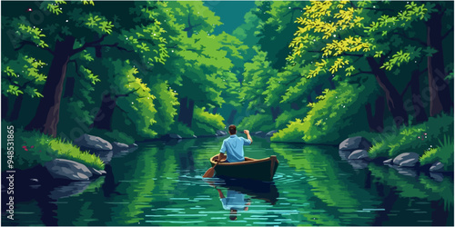 Vintage Vector illustration A man in a boat is paddling down a river surrounded by lush green trees 