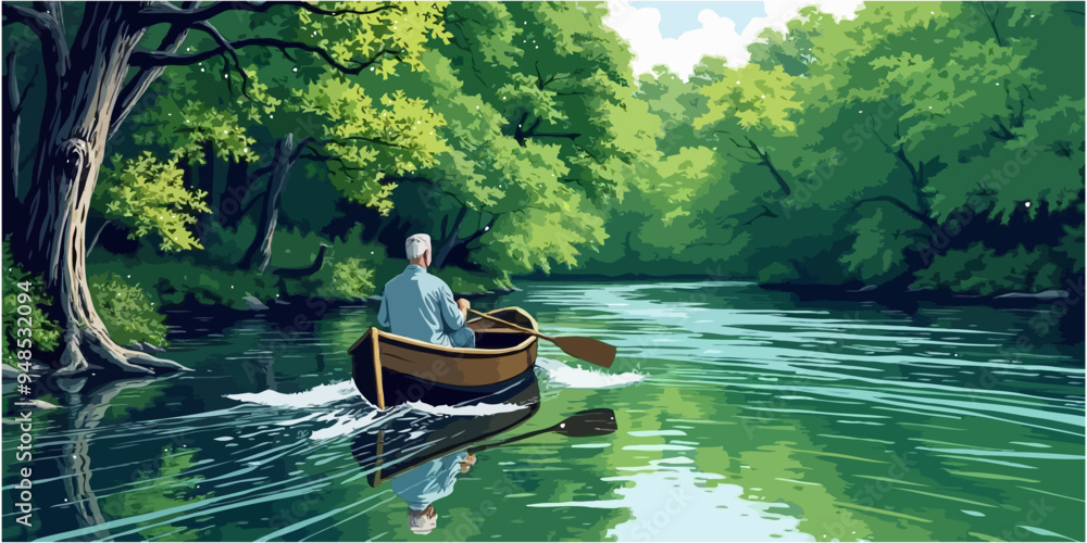 Vintage Vector illustration A man in a boat is paddling down a river ...
