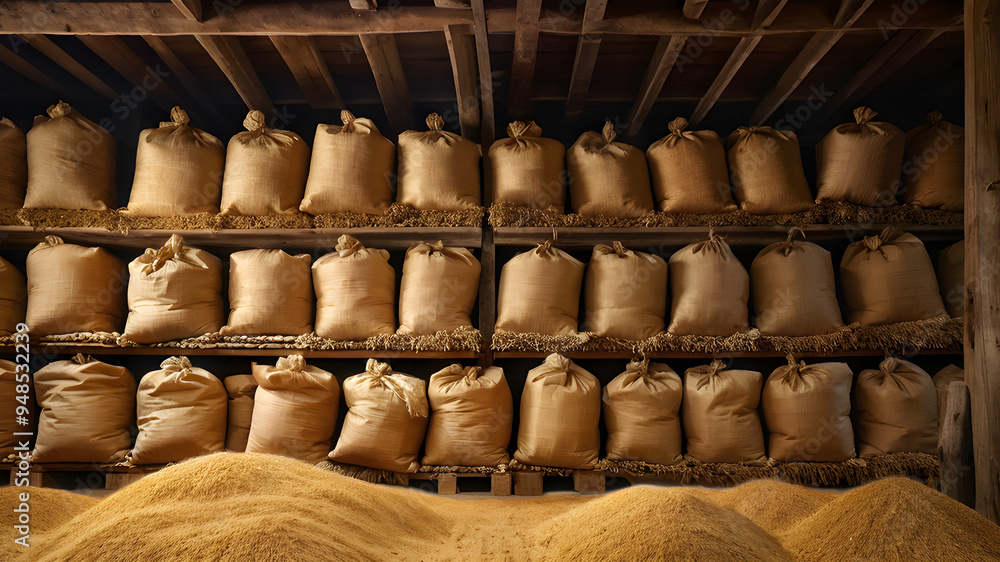 Obraz premium Stacks of Wheat Barley Grain Sack Bags in Warehouse Farming Cereal Food Harvest Organic Produce Agriculture Industry