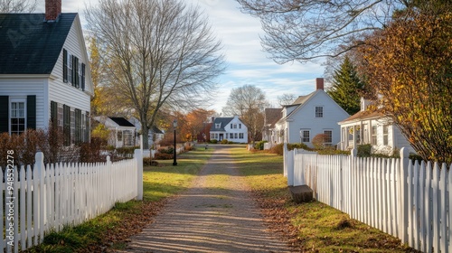 A quiet New England village with white picket fences and historic homes. No people, copy space.