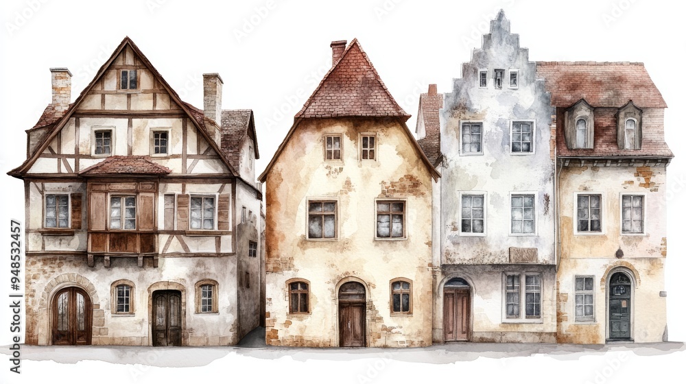 Fototapeta premium Charming vintage houses lined up, showcasing unique architecture and rustic details, perfect for heritage and home themes.