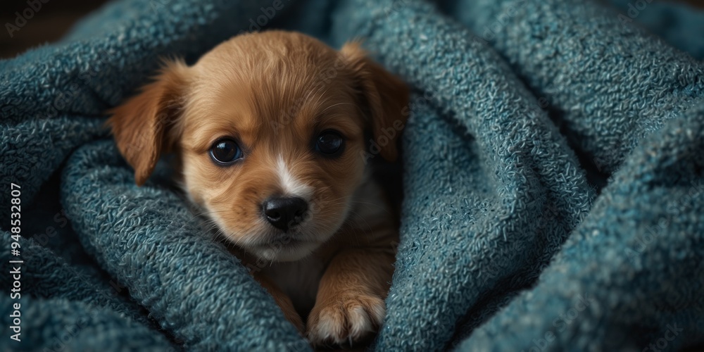 Adorable Puppy Snuggling in a Blue Blanket. Adorable Puppy Snuggling in a Blue Blanket.