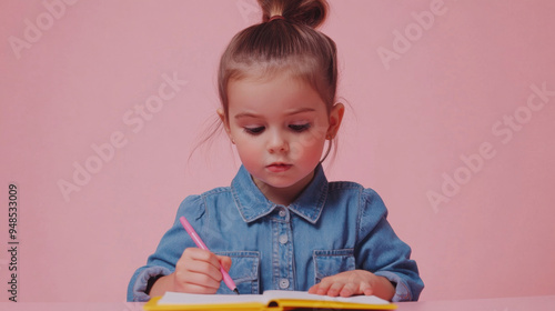 Little girl in a denim shirt, ponytail, writing in her notebook at a desk, pink background, photo