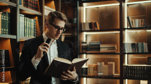 businessman reading a book in a library