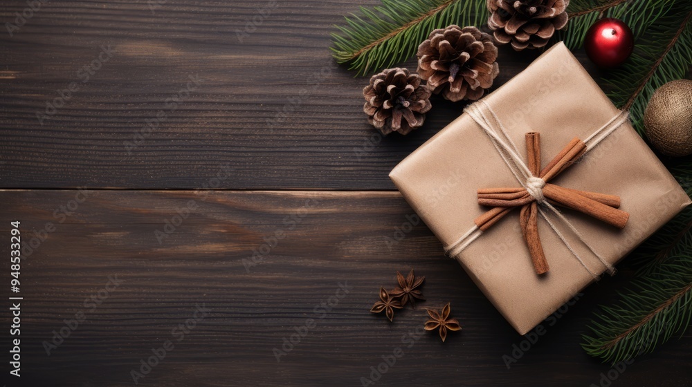 Pine Cone and Cinnamon Stick Accented Christmas Gift: A Top View in AR 16:9 Pine Cone and Cinnamon Stick Accented Christmas Gift: A Top View in AR 16:9