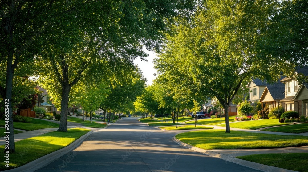 A quiet suburban neighborhood with tree-lined streets and well-kept lawns. No people, copy space A quiet suburban neighborhood with tree-lined streets and well-kept lawns. No people, copy space