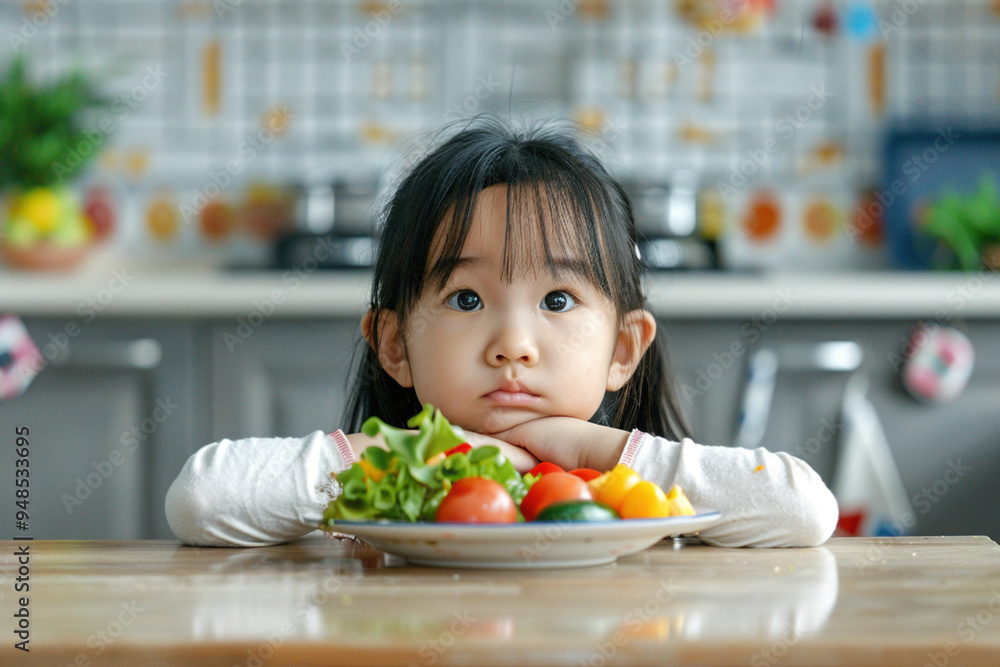Little dissatisfied upset Asian girl sit at the dinner table in kitchen with a plate of salad vegetables in front of her. Difficulty problem in feeding children kids healthy food concept. Little dissatisfied upset Asian girl sit at the dinner table in kitchen with a plate of salad vegetables in front of her. Difficulty problem in feeding children kids healthy food concept.