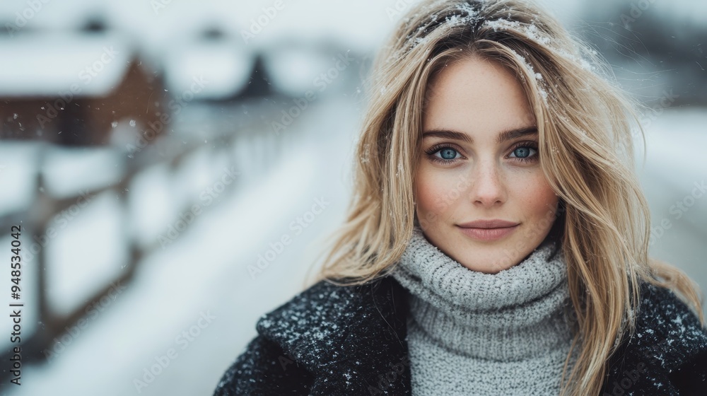 A young woman with blonde hair stands in a snowy landscape wearing a cozy sweater, with her bright blue eyes and gentle smile exuding warmth and cheer amidst the cold. A young woman with blonde hair stands in a snowy landscape wearing a cozy sweater, with her bright blue eyes and gentle smile exuding warmth and cheer amidst the cold.