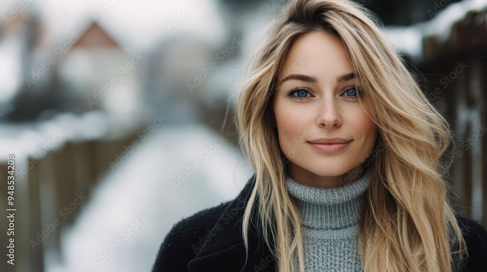 A close-up photo of a smiling blonde woman wearing a turtleneck sweater and black coat, posing outdoors in a snowy winter setting with blurred background. A close-up photo of a smiling blonde woman wearing a turtleneck sweater and black coat, posing outdoors in a snowy winter setting with blurred background.