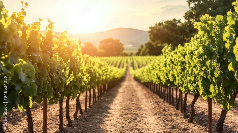 Naklejka premium A quiet vineyard in Napa Valley with rows of grapevines under the sun. No people, copy space.