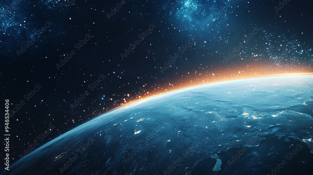 Obraz premium Cosmic abstract background with Earth's illuminated horizon and a sky full of stars