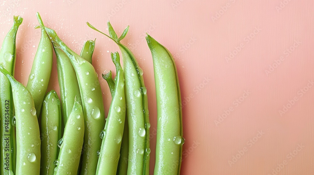 Fresh Green String Beans with Water Droplets on Pink Background Fresh Green String Beans with Water Droplets on Pink Background