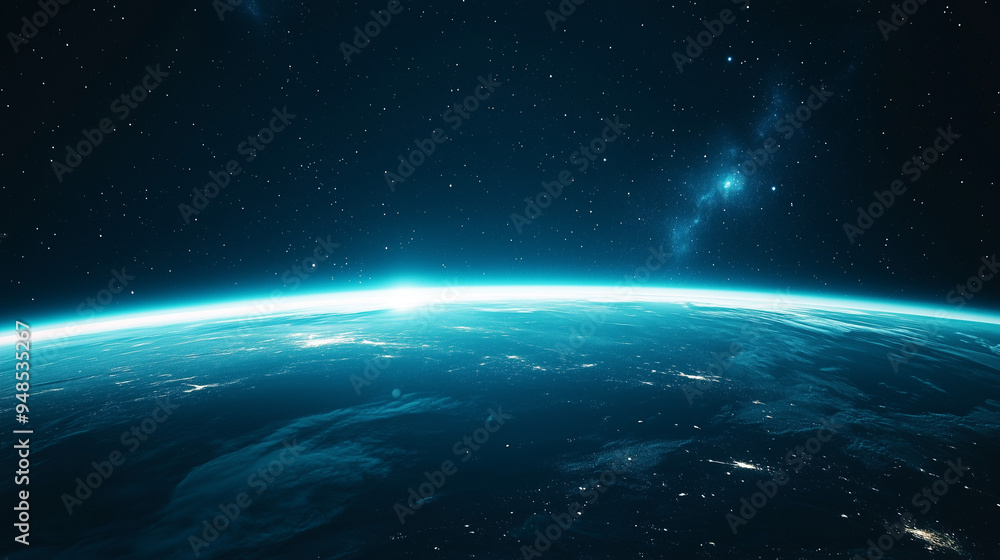 Obraz premium Stunning view of Earth from space under the starry galaxy with glowing atmosphere