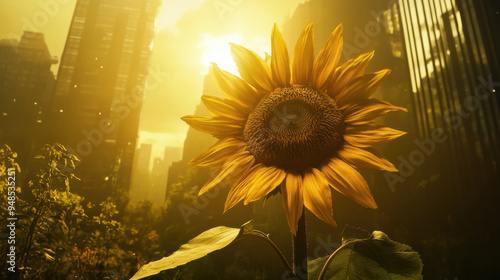 Low-angle shot of a massive sunflower in a city street, styled in Vogue, with cinematic photo