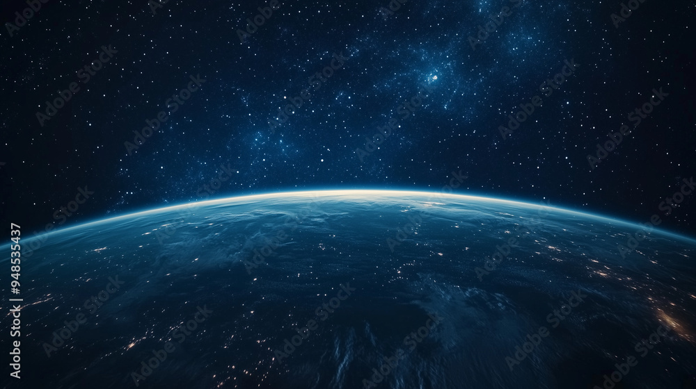 Serene and majestic view of Earth from the depths of space with starry night sky Serene and majestic view of Earth from the depths of space with starry night sky