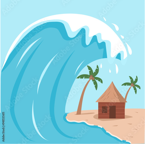 Illustration of tsunami at beach, tsunami natural disaster, tsunami with blue background, tsunami wave cartoon 