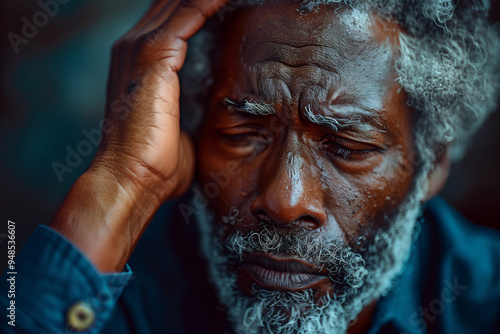 Middle-Aged Black Man with Grey Hair Holding His Head in Pain, Depicting Stress, Headache, and Mental Strain from Work Overload in an Office Setting