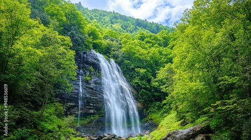 A serene view of a waterfall in the Smoky Mountains surrounded by greenery. No people, copy space.