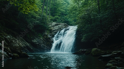 A serene view of a waterfall in the Smoky Mountains surrounded by greenery. No people, copy space.