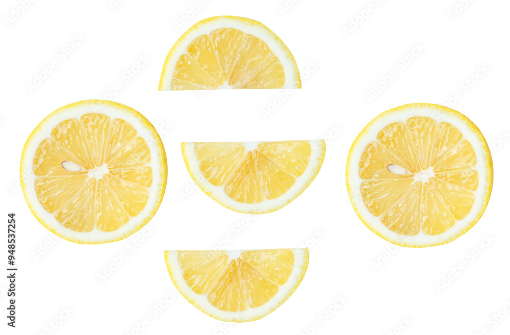 Obraz premium Top view set of fresh yellow lemon in halves and slices isolated with clipping path in png file format