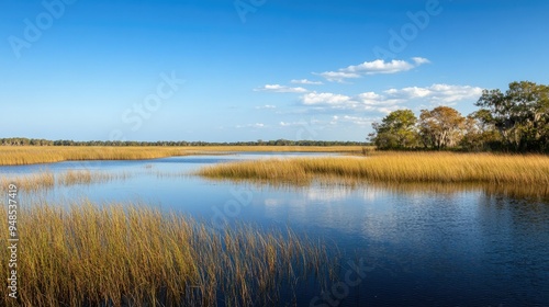 A serene view of the Florida Everglades with sawgrass marshes and distant trees. No people, copy space.