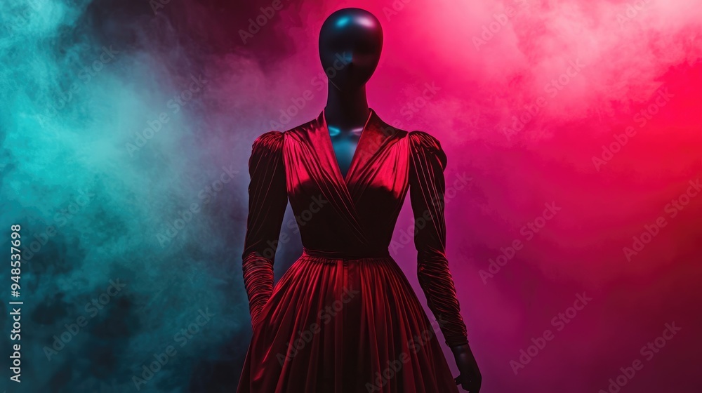 Fashionable red mannequin dressed in an elegant evening outfit, set against a stylish backdrop with no people. Fashionable red mannequin dressed in an elegant evening outfit, set against a stylish backdrop with no people.