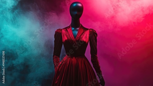 Fashionable red mannequin dressed in an elegant evening outfit, set against a stylish backdrop with no people.
