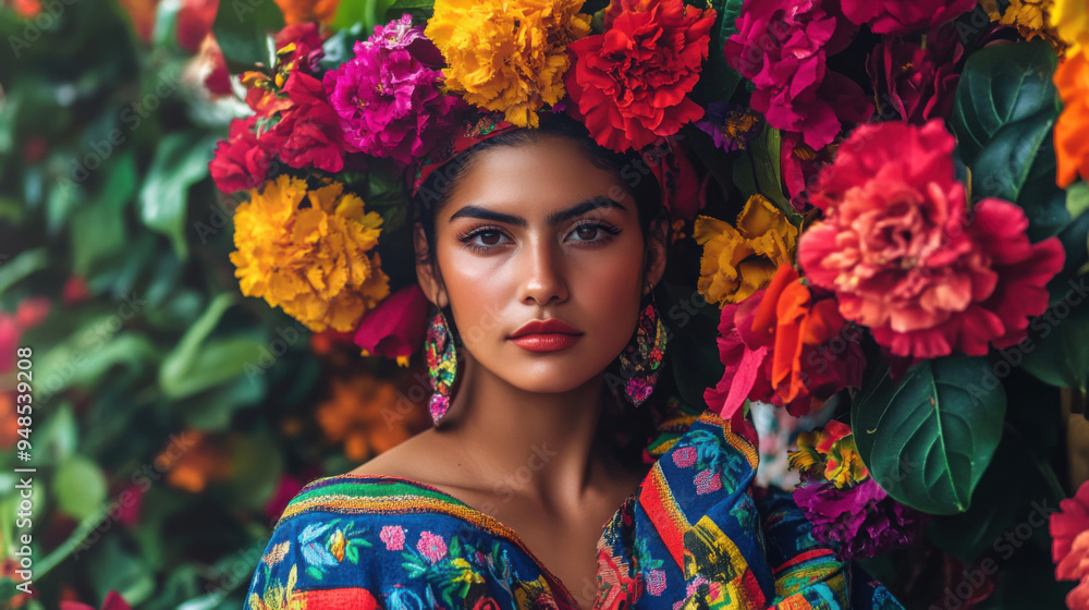 Mexican woman in chic urban attire surrounded by a vibrant floral display Mexican woman in chic urban attire surrounded by a vibrant floral display