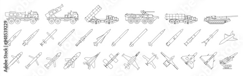 War web icons in line style. Army, battle, conflict, military, missile, refugees, bomb, tank, collection. Vector illustration 10eps.