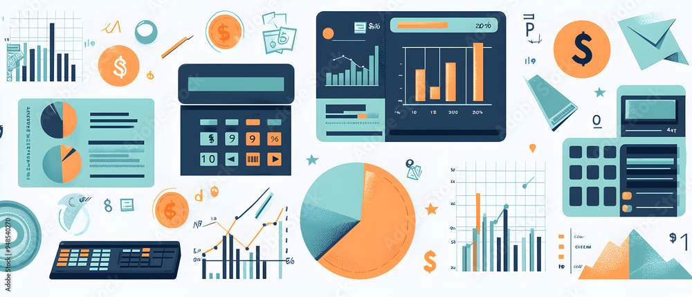 A flat vector illustration of a financial planning session, a professional giving advice to a client, with investment charts and graphs displayed on a screen. Background include financial system A flat vector illustration of a financial planning session, a professional giving advice to a client, with investment charts and graphs displayed on a screen. Background include financial system