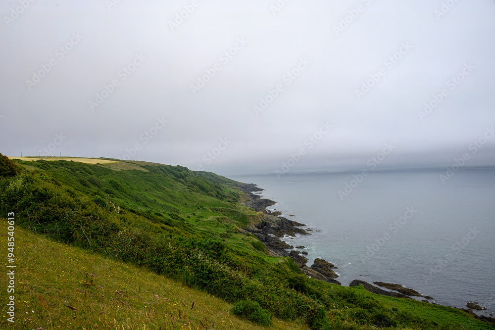 the South West Coast path along the Rame Peninsula in Mount Edgcumbe Country Park Cornwall England on a misty summer day the South West Coast path along the Rame Peninsula in Mount Edgcumbe Country Park Cornwall England on a misty summer day