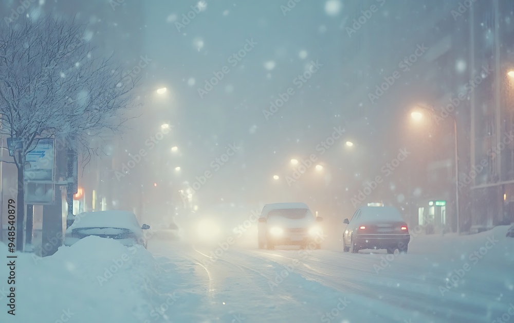 Heavy Snowstorm in Urban Cityscape with Snow-Covered Cars and Buildings, Cold and Crisp Atmosphere, Photo Realistic Heavy Snowstorm in Urban Cityscape with Snow-Covered Cars and Buildings, Cold and Crisp Atmosphere, Photo Realistic