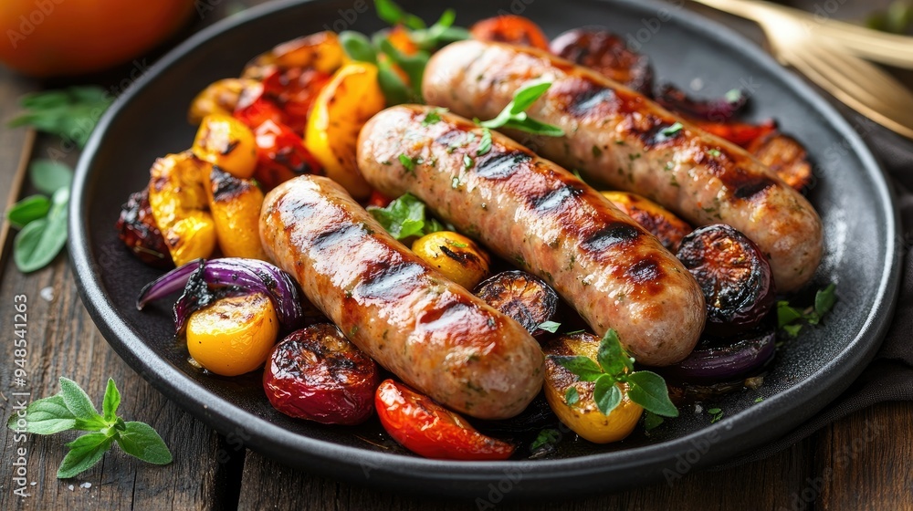 Grilled turkey sausages with roasted vegetables, high-protein meal, served on a plate Grilled turkey sausages with roasted vegetables, high-protein meal, served on a plate