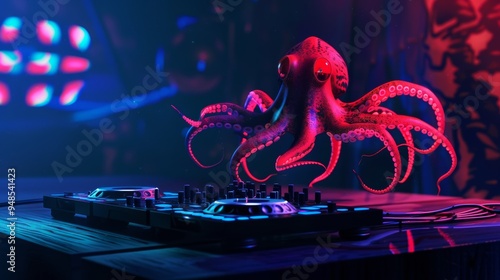 A red octopus hovers over a DJ mixer in a club setting. photo