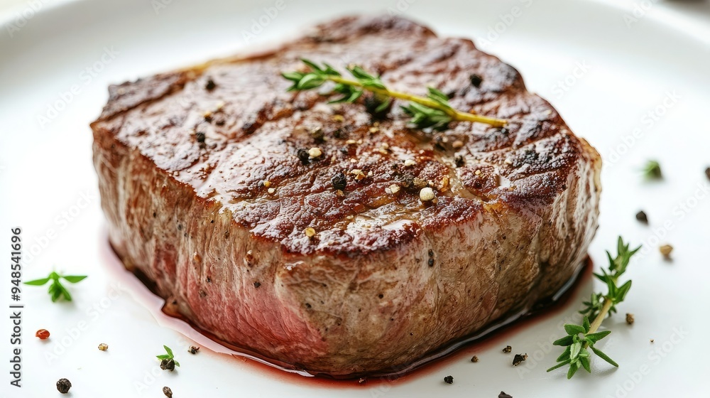 Lean beef steak cooked to perfection, garnished with herbs on a white plate, high in protein Lean beef steak cooked to perfection, garnished with herbs on a white plate, high in protein