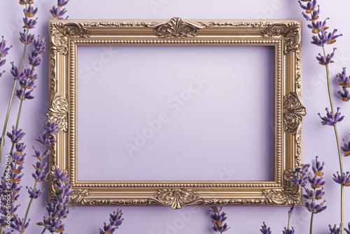 Ornate gold frame with lavender buds, on a pale lavender background, monochromatic floral mockup photo