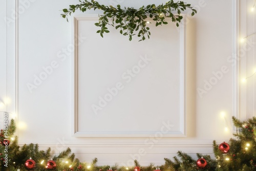 Empty white frame on a wall with mistletoe hanging above, surrounded by Christmas garlands, minimalist, soft light, digital painting