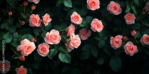 Wallpaper Mural Wide horizontal banner with a dark background and vibrant roses entwined with ivy. Romance and Valentine’s Day concept. Space provided for text. Striking contrast between the flowers and dark backdrop Torontodigital.ca