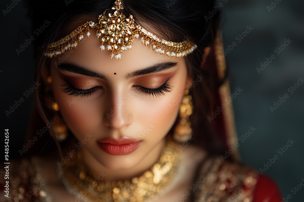 A portrait of an Indian bride in traditional wedding attire with richly adorned jewelry, her gaze elegantly lowered, and refined facial features, reflecting the beauty and grace of Indian culture A portrait of an Indian bride in traditional wedding attire with richly adorned jewelry, her gaze elegantly lowered, and refined facial features, reflecting the beauty and grace of Indian culture