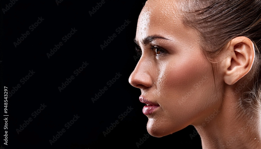 Closeup side view of a confident female athlete during intense workout sweating. Determined to win. Isolated against dark background with copy space. Closeup side view of a confident female athlete during intense workout sweating. Determined to win. Isolated against dark background with copy space.