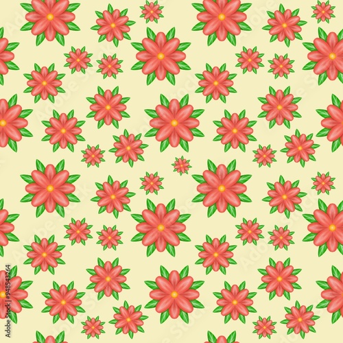 Floral seamless pattern with pink, orange flowers on a yellow-black background. Watercolor style. 