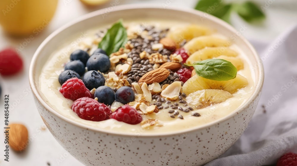 Protein smoothie bowl with mixed fruits, nuts, and seeds, healthy breakfast option Protein smoothie bowl with mixed fruits, nuts, and seeds, healthy breakfast option