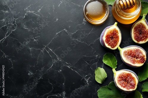 Black frame with fresh figs and honey, against a dark marble background, rich ingredient mockup