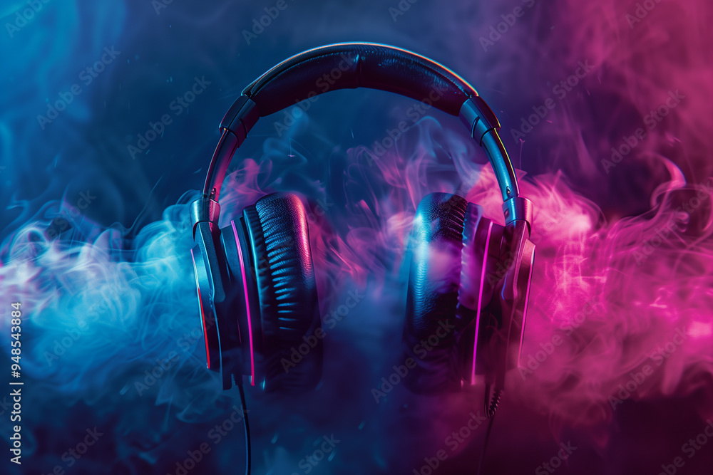 Hyper-Realistic Photography of Headphones with Sound Waves in the Background, Featuring a Dark Blue and Pink Gradient Effect, Celebrating World Music Day Hyper-Realistic Photography of Headphones with Sound Waves in the Background, Featuring a Dark Blue and Pink Gradient Effect, Celebrating World Music Day