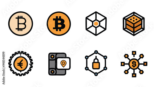 Set of 6 cryptocurrency and blockchain icons in line style, with orange and black color scheme.