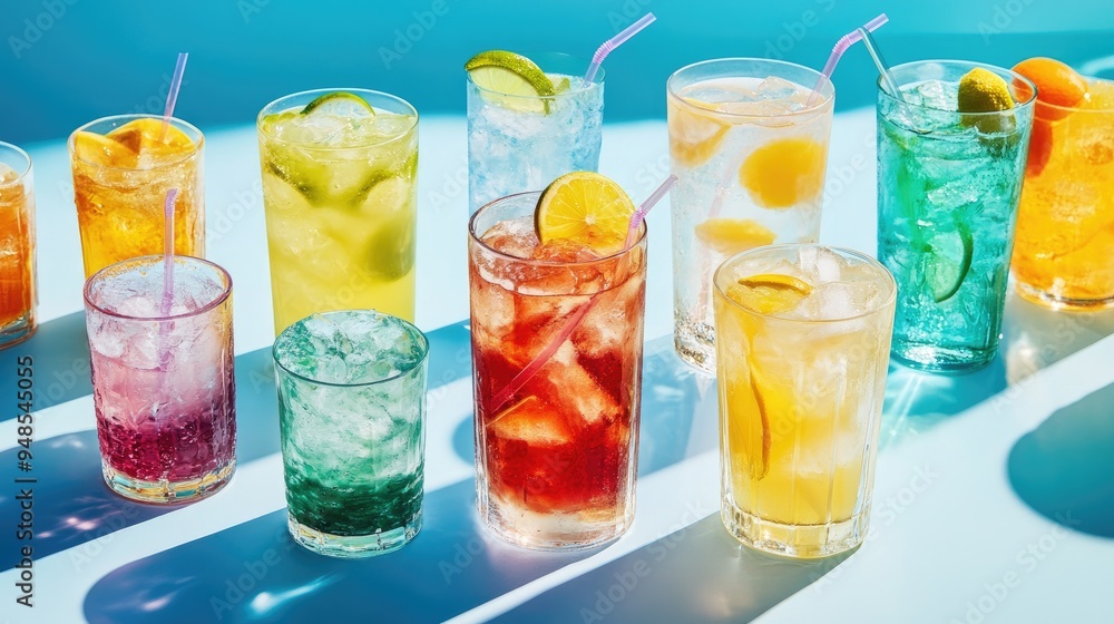Colorful Summer Cocktails with Ice and Citrus Garnishes Colorful Summer Cocktails with Ice and Citrus Garnishes