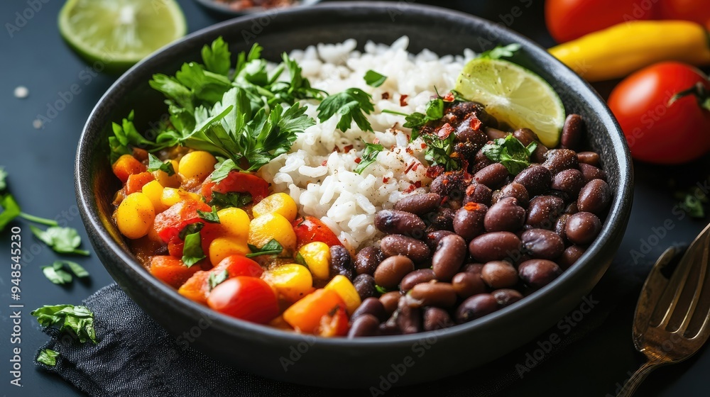 Protein-packed black beans in a bowl, served with rice and vegetables, plant-based meal Protein-packed black beans in a bowl, served with rice and vegetables, plant-based meal