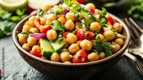 Protein-packed chickpea salad with fresh vegetables and herbs, served in a bowl