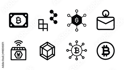 A set of 8 cryptocurrency and blockchain icons in a line style.