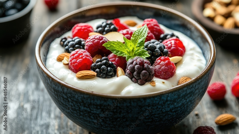 Protein-packed Greek yogurt with fresh fruits and nuts, served in a bowl, healthy snack Protein-packed Greek yogurt with fresh fruits and nuts, served in a bowl, healthy snack